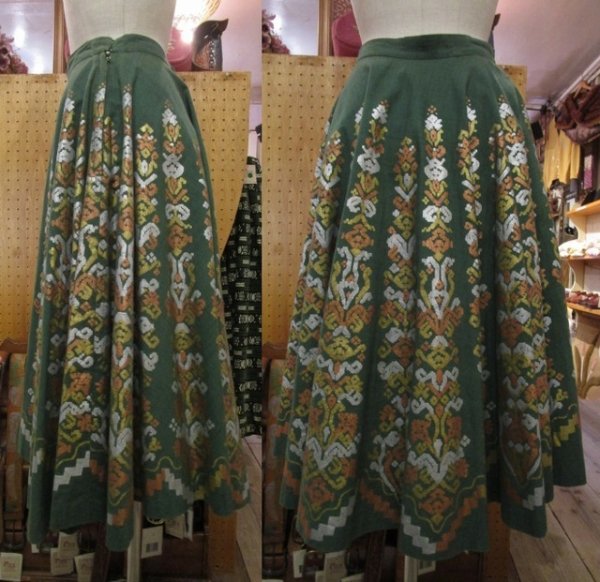 画像4: 50〜60年代グリーン×ゴールドモチーフ柄サーキュラーペイントメキシコスカート