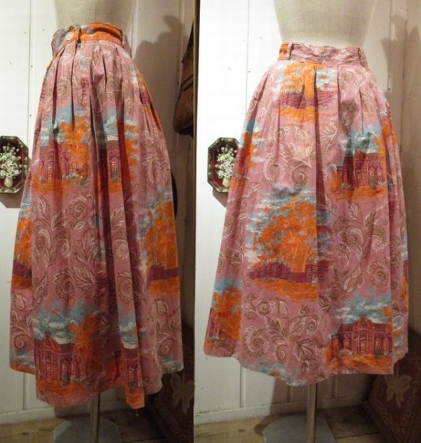 画像3: 50〜60年代ピンク×サックス×オレンジ風景柄ゴールドペイントフレアスカート