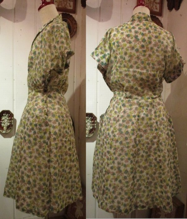 画像3: 50〜60年代ホワイト×グリーン×ライトグリーンお花柄ポケット付き半袖開襟シースルードレス