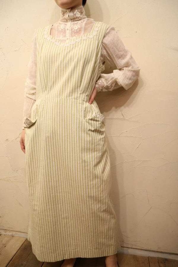 画像1: 50〜60年代ライトグリーン×ホワイトお花テープ＆ポケット付きノースリーブドレス