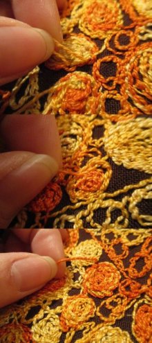 他の写真2: ブラウン×オレンジ×イエロー花刺繍スリットネック七分袖ロングドレス