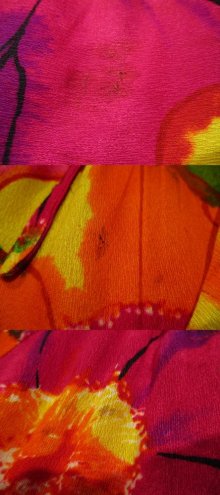 他の写真2: 70年代ピンク×オレンジ×カラフル花柄ポケット＆リボン付き七分袖オールインワン