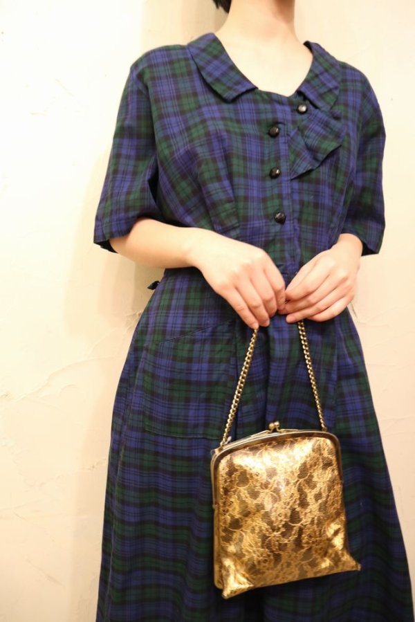 画像1: 50〜60年代ネイビー×グリーン×ブラックチェック柄フリル＆襟ポケット付きハーフボタン半袖ドレス
