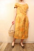 50〜60年代マスタード×オレンジ×ブラウン花柄フリンジ付き半袖ドレス