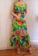画像6: 70年代グリーン×オレンジ×ブルートロピカル花柄裾フリルノースリーブロングドレス