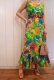画像2: 70年代グリーン×オレンジ×ブルートロピカル花柄裾フリルノースリーブロングドレス (2)
