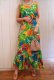 画像5: 70年代グリーン×オレンジ×ブルートロピカル花柄裾フリルノースリーブロングドレス