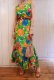 画像1: 70年代グリーン×オレンジ×ブルートロピカル花柄裾フリルノースリーブロングドレス (1)