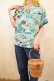 画像4: 50〜60年代ライトブルー×ブラウンヤシの木＆フラダンサー柄胸ポケット付き古銭ボタン開襟半袖アロハシャツ
