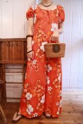 60〜70年代オレンジ×ホワイトハワイアンプリントパフスリーブ半袖ロングドレス