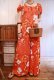 画像1: 60〜70年代オレンジ×ホワイトハワイアンプリントパフスリーブ半袖ロングドレス (1)