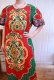 画像1: レッド×グリーン×カラフルオリエンタル柄パフスリーブ半袖アフリカンバティックドレス (1)