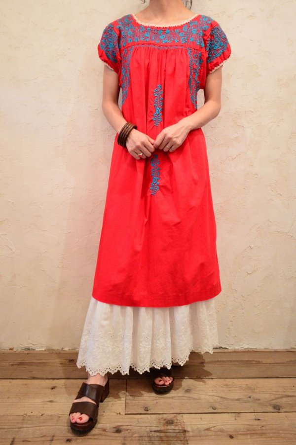 画像2: レッド×ブルーサンアントニーノ刺繍メキシカン半袖ドレス