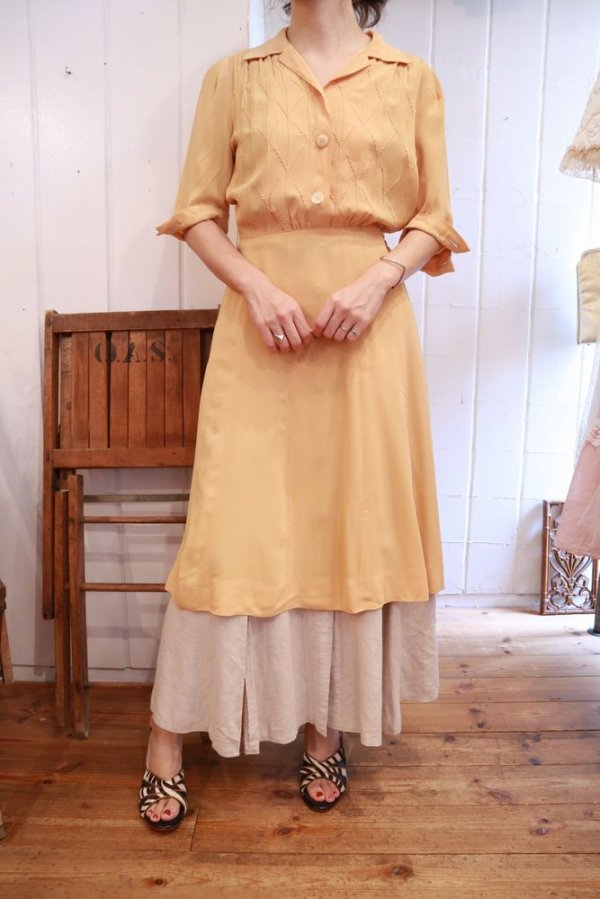 画像1: 50〜60年代イエローハーフボタン開襟半袖ドレス