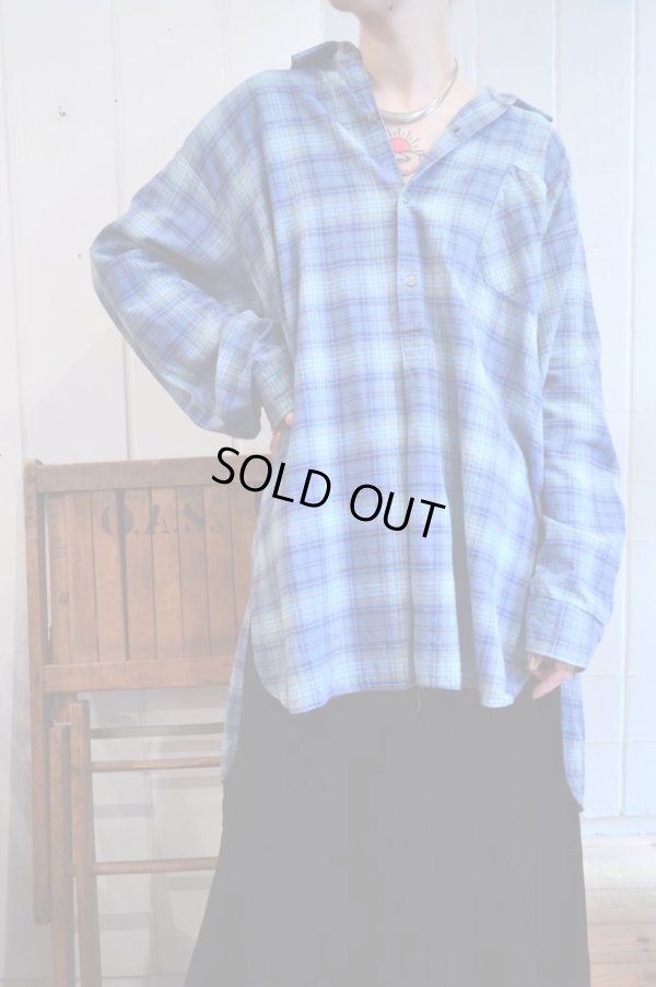 画像1: ブルー×イエローチェック胸ポケット付きハーフボタン長袖プルオーバーグランパシャツ