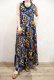 画像1: ブルー×オレンジ×イエロー花柄フリルUネックノースリーブアフリカンバティックドレス (1)
