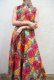 画像1: ピンク×オレンジ×ライムグリーン花柄ハイネック長袖アフリカンバティックドレス (1)