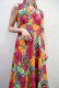 画像5: ピンク×オレンジ×ライムグリーン花柄ハイネック長袖アフリカンバティックドレス