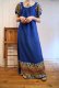 画像1: 70年代ブルー×カラフルグアテマラ刺繡ラウンドネックパフスリーブ半袖ドレス (1)