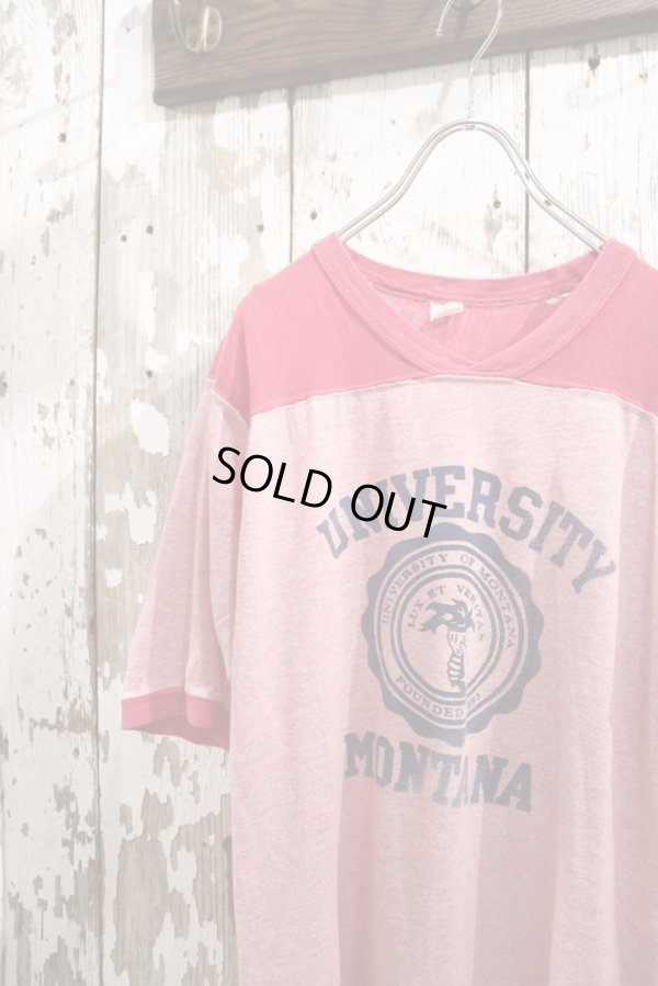 画像1: ピンク×ネイビーカレッジプリント染み込みクルーネック半袖フットボールTシャツ
