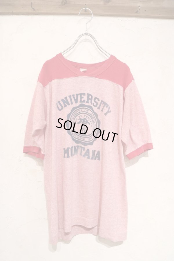 画像2: ピンク×ネイビーカレッジプリント染み込みクルーネック半袖フットボールTシャツ