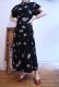 画像2: 40〜50年代ブラック×サックスブルー×ピンク扇＆楽器柄飾りリボン付き半袖ドレス (2)