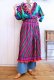 画像1: ”Susan freis" ピンクパープル×カラフル幾何学模様ピンタックシャーリングリボン付きフリルカシュクールパフスリーブ五分袖ドレス (1)