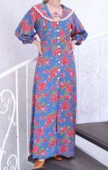 70年代スモーキーブルー×ピンク花柄前あきボタンリボン付きレースビッグカラーバルーンスリーブ五分袖ドレス