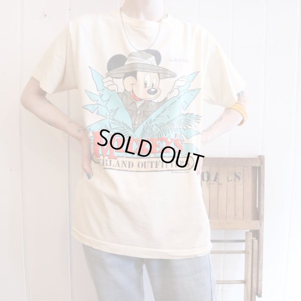画像2: made in USA ベージュ×ブルー×カーキ”Mickey Mouse”プリントクルーネック半袖Tシャツ