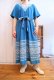 画像1: サックスブルー×ホワイトグアテマラ刺繡ウエストリボン付きVネック半袖ドレス (1)