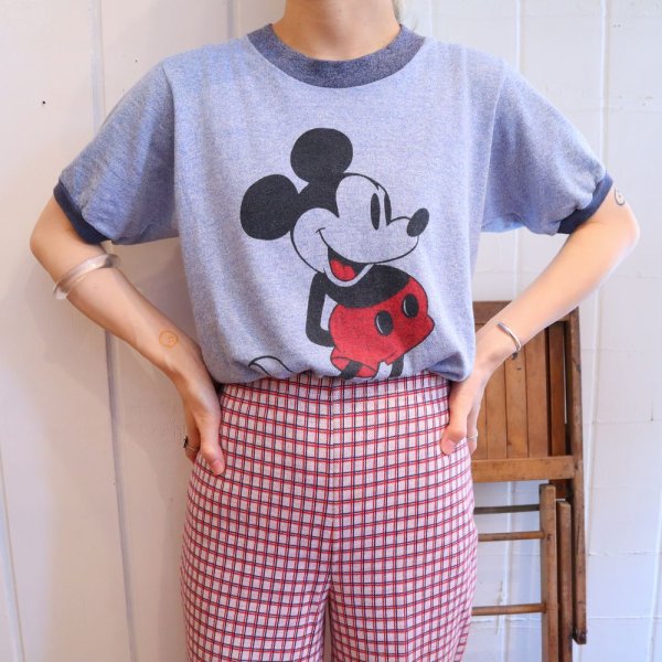 画像1: ライトブルー×ブラック×レッドミッキーマウスプリントクルーネック半袖リンガーTシャツ