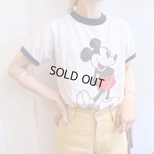 画像2: made in USA ホワイト×ネイビー×ブラックミッキーマウスプリントクルーネック半袖リンガーTシャツ