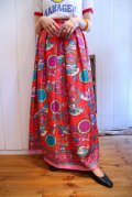 70年代 レッド×ブルー×ピンク花＆サークル柄ロングスカート