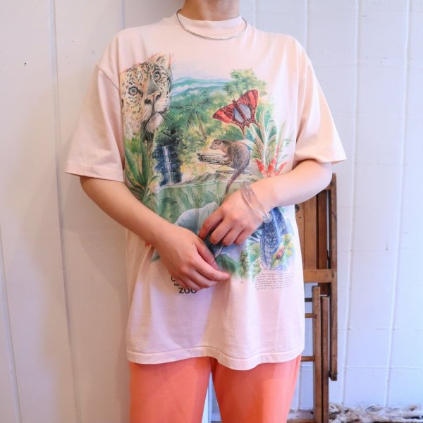 画像2: made in USA ”Hanes” ベイビーピンク×グリーン×カラフルアニマルプリントクルーネック半袖Tシャツ