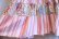 画像14: 70年代 ピンク×ホワイト×くすみブルーストライプ＆パッチワーク柄ウエストリボン付きラウンドネックボリュームスリーブ長袖ティアードロングドレス