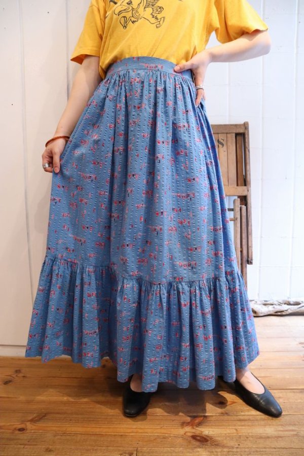 画像2: 60年代ブルー×ピンク人＆風景柄裾フリルロングスカート