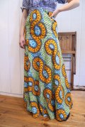 ライトグリーン×オレンジ×ブルー幾何学柄アフリカンバティックロングスカート