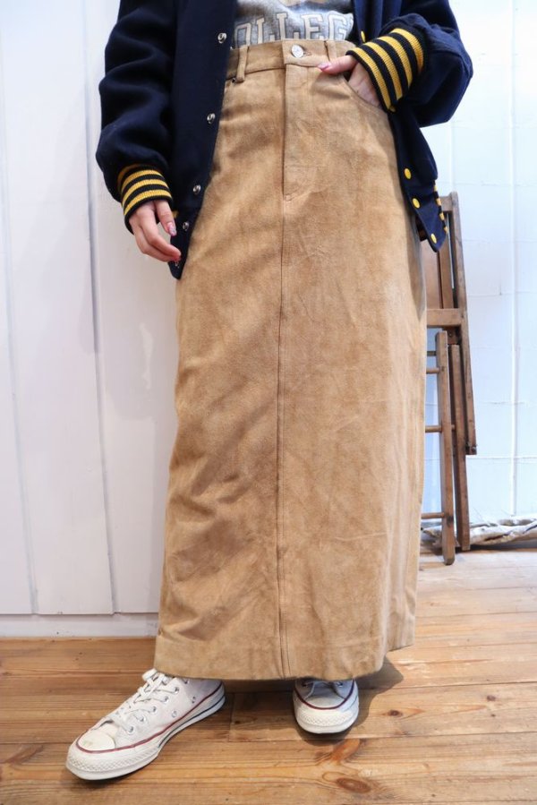 画像1: "Ralph Lauren"キャメル無地ポケット付きスリット入りスエードスカート