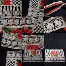 他の写真2: 70年代ブラック×くすみピンク×オフホワイトかぎ編みレース＆ベロアテープ付きVネック九分袖メキシカンロングドレス