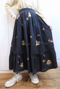 50〜60年代ブラック×イエロー×ブラウン花＆リーフ柄フリルデザインスカート