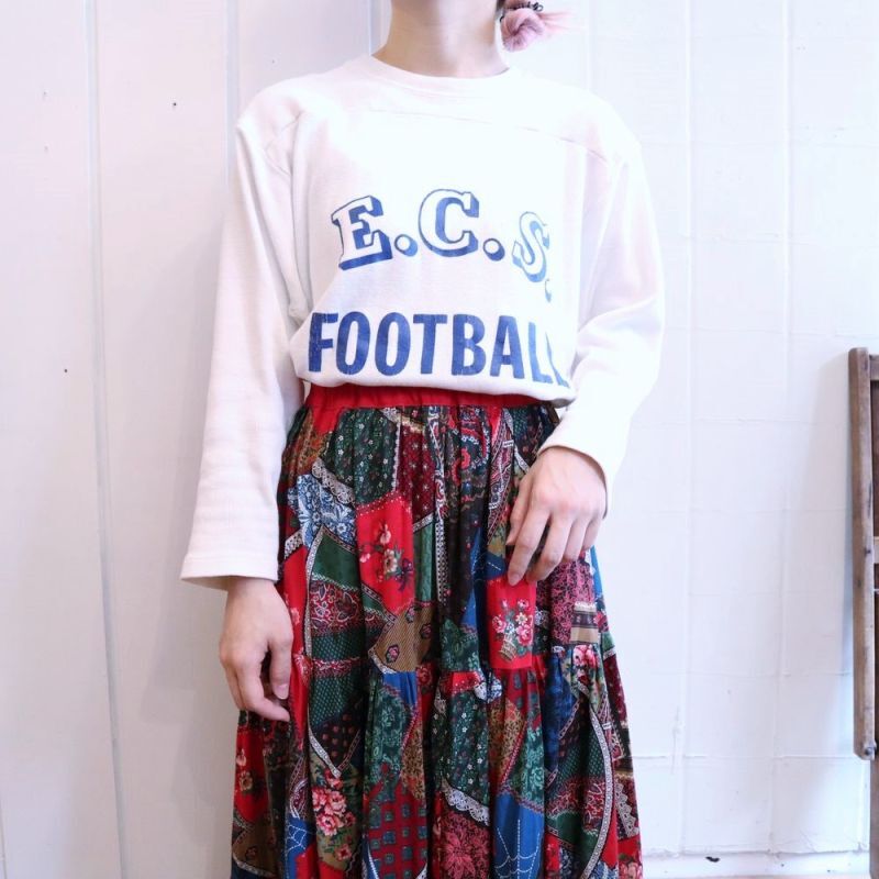 60年代ホワイト×ブルー英字プリントクルーネック長袖フットボールTシャツ - Fizz-select Lady's vintage clothing-