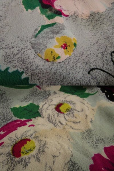 画像3: 40〜50年代サックス×グリーン×ピンクお花＆蝶々柄スクエアネック半袖ドレス