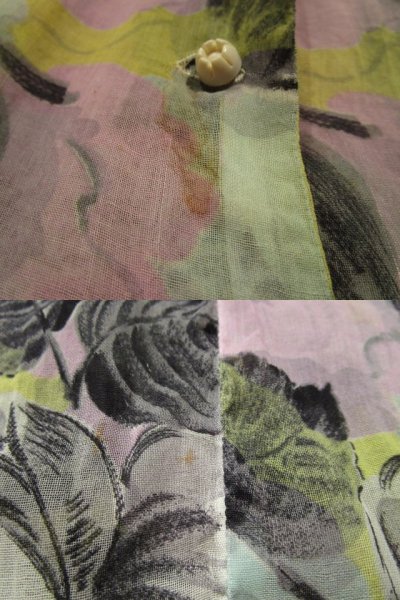 画像1: 50〜60年代ライトグレー×ピンク×イエロー花柄ハーフボタン襟付きフレンチスリーブ半袖シースルードレス