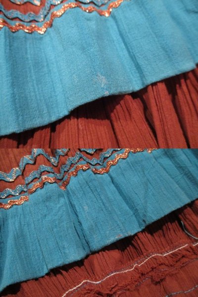 画像3: 50〜60年代ブラウン×サックス×ゴールド刺繍ラメテーププリーツメキシカンサーキュラースカート
