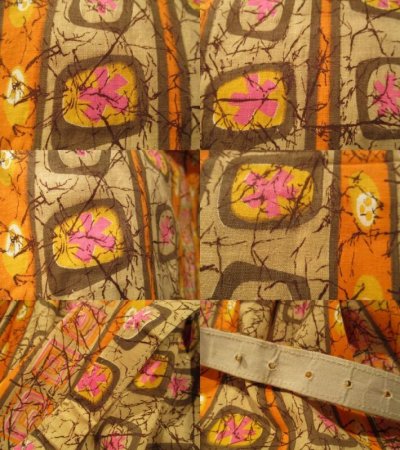 画像3: 50〜60年代オレンジ×ブラウン花＆楕円ペイントポケット・ベルト付きスクエア半袖ドレス