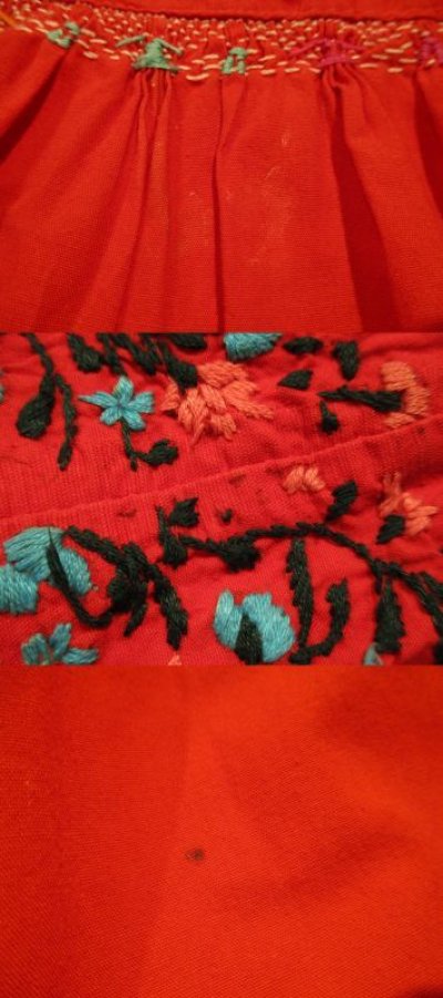 画像1: レッド×ピンク×サックスサンアントニーノ刺繍半袖メキシカンドレス