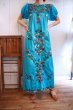 画像1: ターコイズブルー×カラフル花刺繍メキシカン半袖ロングドレス (1)