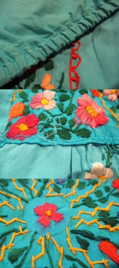 画像1: ターコイズブルー×カラフル花刺繍メキシカン半袖ロングドレス