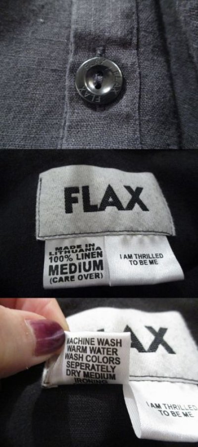 画像1: ”FLAX”ブラック無地胸ポケット襟付き半袖リネンシャツ