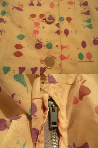 画像1: 50〜60年代クリームベージュ×パステルカラーフルーツ柄襟＆ポケット付き半袖ドレス